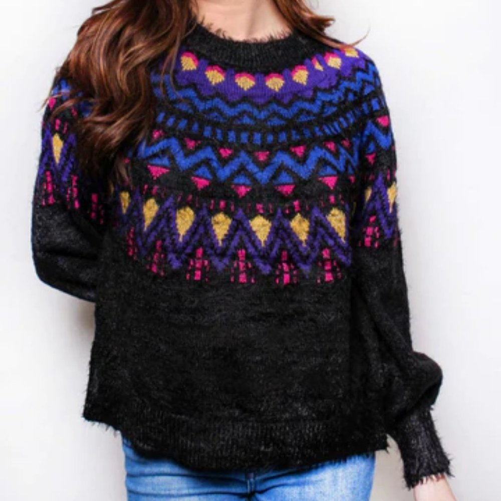 NWT! Fuzzy Fair Isle Sweater in Black Size Medium